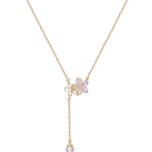 Silver Zircon Pearl Flower Tassel Necklace Female Sweet Clavicle Chain