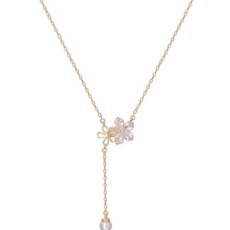 Silver Zircon Pearl Flower Tassel Necklace Female Sweet Clavicle Chain