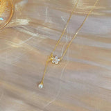 Silver Zircon Pearl Flower Tassel Necklace Female Sweet Clavicle Chain