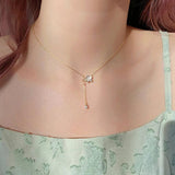 Silver Zircon Pearl Flower Tassel Necklace Female Sweet Clavicle Chain