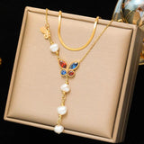 Colorful Butterfly Pearls Pendant Necklace For Women Girl 2 Layers