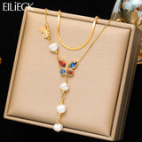 Colorful Butterfly Pearls Pendant Necklace For Women Girl 2 Layers