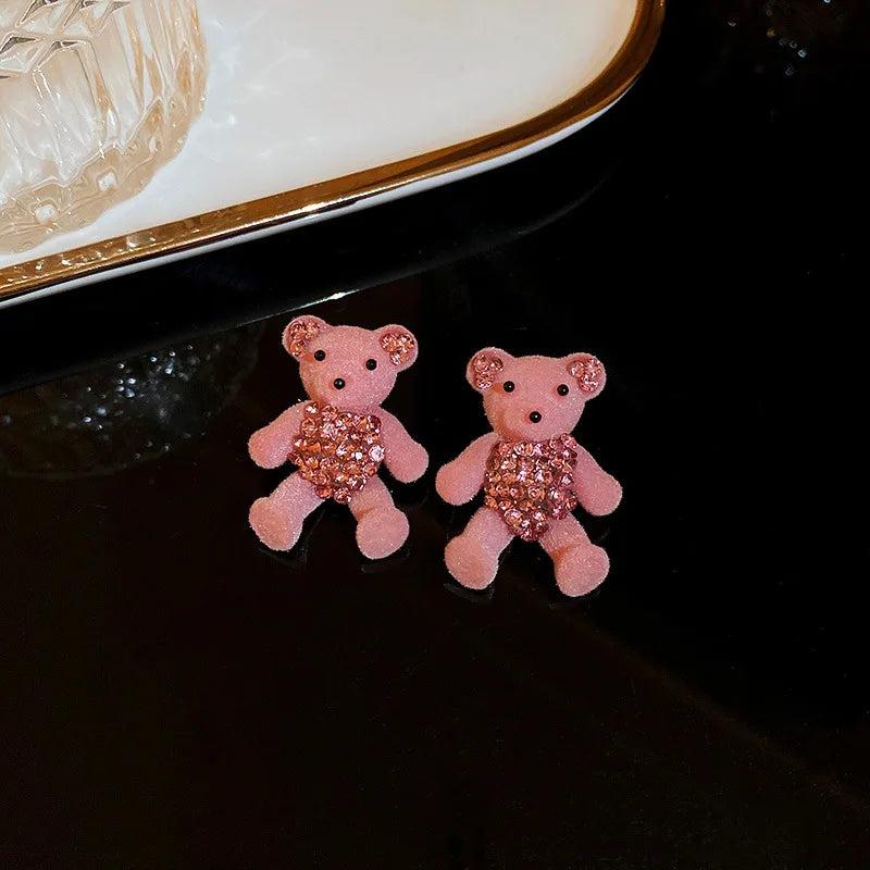 Pink Flocking Bear Pendant Necklace & Earring Set for Women