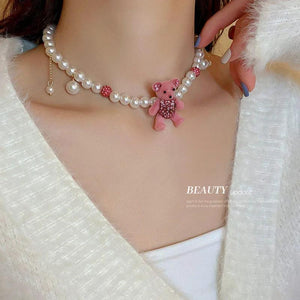 Pink Flocking Bear Pendant Necklace & Earring Set for Women