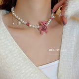 Pink Flocking Bear Pendant Necklace & Earring Set for Women