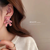 Pink Flocking Bear Pendant Necklace & Earring Set for Women