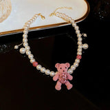 Pink Flocking Bear Pendant Necklace & Earring Set for Women