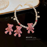 Pink Flocking Bear Pendant Necklace & Earring Set for Women
