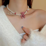 Pink Flocking Bear Pendant Necklace & Earring Set for Women