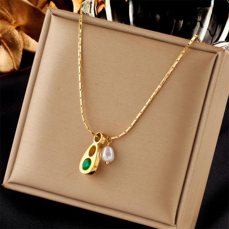 316L Stainless Steel Water Drop Necklace Green Zircon Clavicl