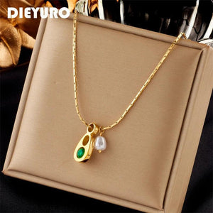316L Stainless Steel Water Drop Necklace Green Zircon Clavicl
