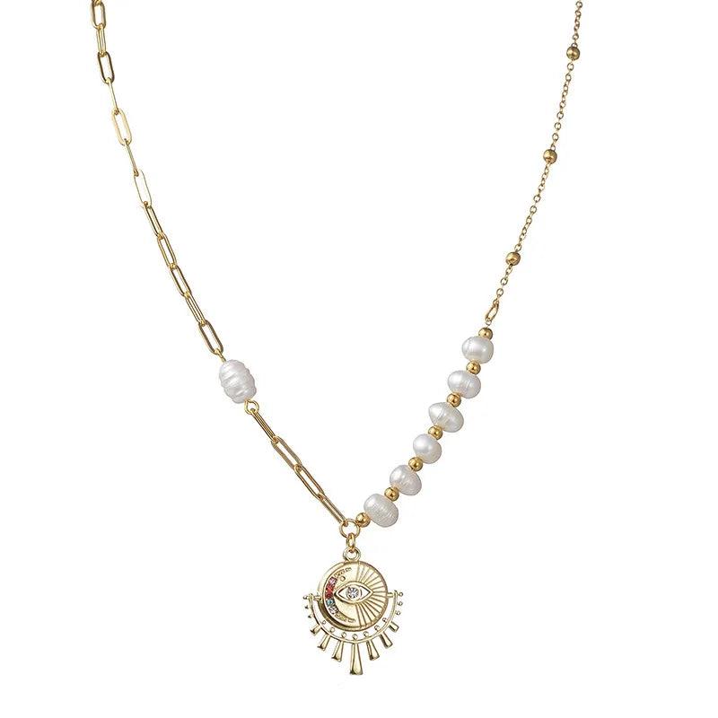 Stainless Steel Eye Pendant Necklace Freshwater Pearl Choker 14k Plated Jewelry