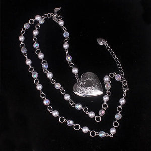 Romantic Pearl Beaded Chain Rosary Necklace Flowers Heart Locket