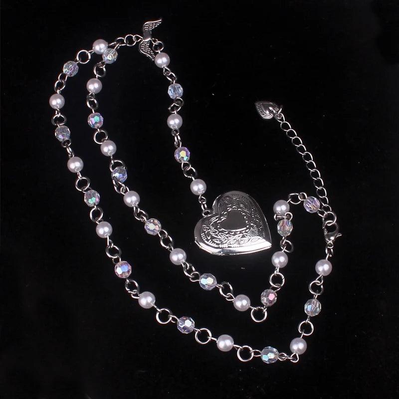 Romantic Pearl Beaded Chain Rosary Necklace Flowers Heart Locket