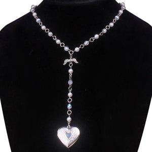 Romantic Pearl Beaded Chain Rosary Necklace Flowers Heart Locket