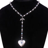 Romantic Pearl Beaded Chain Rosary Necklace Flowers Heart Locket