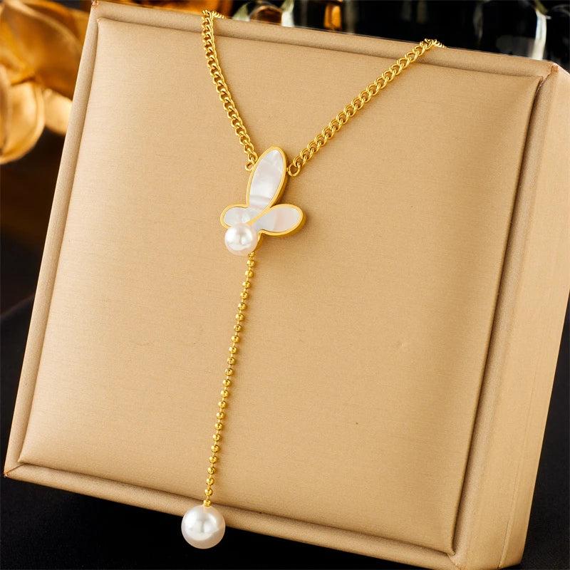 316L Stainless Steel Butterfly Pearl Pendant Necklace for Women Charm Jewelry