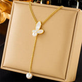316L Stainless Steel Butterfly Pearl Pendant Necklace for Women Charm Jewelry