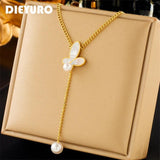 316L Stainless Steel Butterfly Pearl Pendant Necklace for Women Charm Jewelry