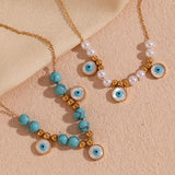 Beaded Pearl Turquoise Necklace 18K Plated Stainless Steel Women's Chain