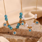 Beaded Pearl Turquoise Necklace 18K Plated Stainless Steel Women's Chain