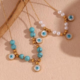 Beaded Pearl Turquoise Necklace 18K Plated Stainless Steel Women's Chain
