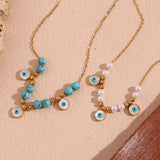 Beaded Pearl Turquoise Necklace 18K Plated Stainless Steel Women's Chain