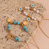 Beaded Pearl Turquoise Necklace 18K Plated Stainless Steel Women's Chain