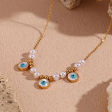 Beaded Pearl Turquoise Necklace 18K Plated Stainless Steel Women's Chain