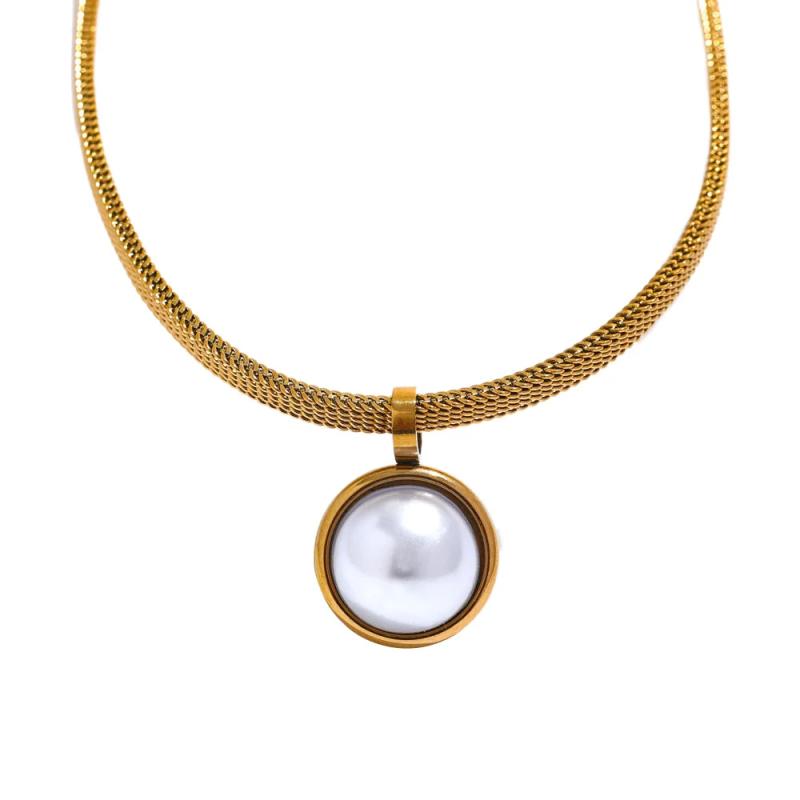 Vintage Pearl Round Pendant Stainless Steel Choker Necklace Women