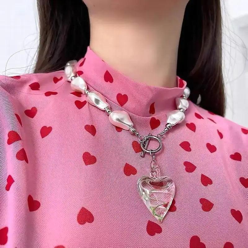 Statement Necklace Big Transparent Heart Baroque Pearl Stainless Steel Jewelry
