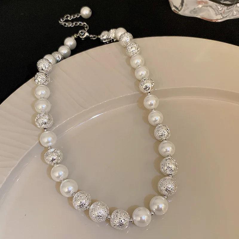 Vintage Style Silver Beads Pearl Necklace Metal Collar Chain