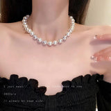 Vintage Style Silver Beads Pearl Necklace Metal Collar Chain