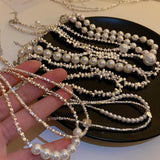 Vintage Style Silver Beads Pearl Necklace Metal Collar Chain