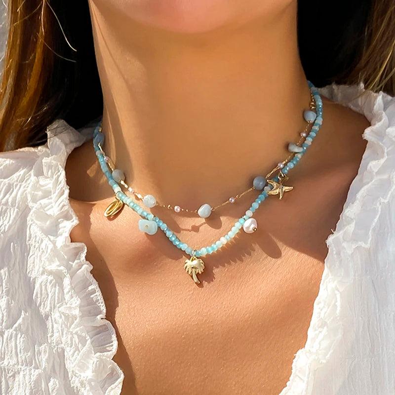 Boho Crystal Beads Choker Necklace Geometric Shell Pendant Jewelry