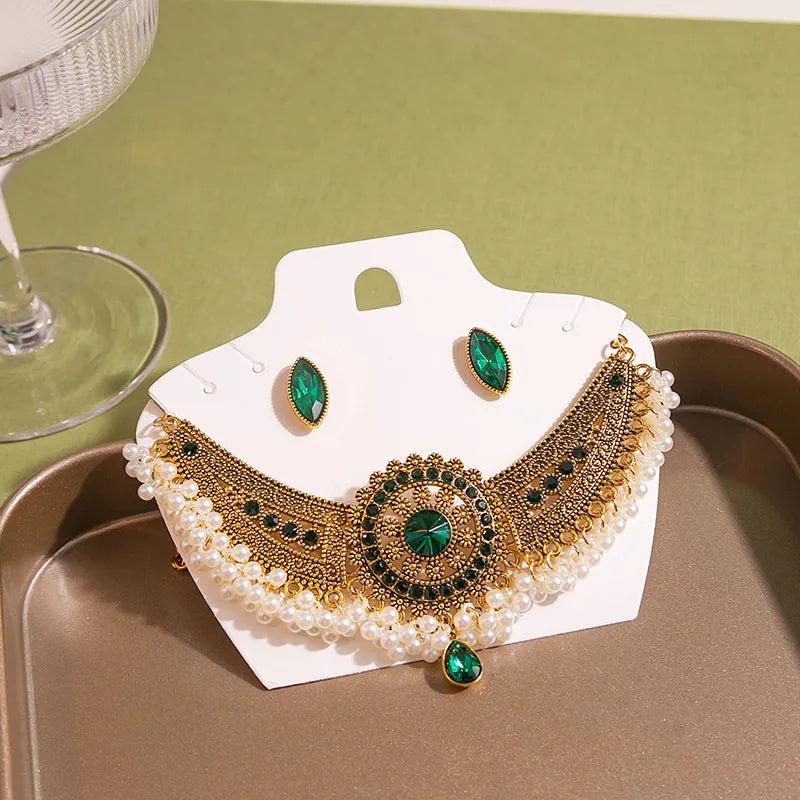 Bohemian Style Crystal Pendant Pearls Necklace Earrings Set