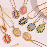 Hex Zircon Pearl Enamel Mary Pendant Necklace 18K Plated Stainless Steel