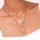 Hex Zircon Pearl Enamel Mary Pendant Necklace 18K Plated Stainless Steel