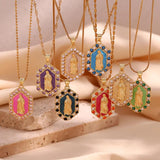 Hex Zircon Pearl Enamel Mary Pendant Necklace 18K Plated Stainless Steel