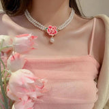 Vintage Pearl Pink Flower Water Droplet Pendant Necklace