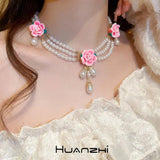 Vintage Pearl Pink Flower Water Droplet Pendant Necklace