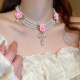 Vintage Pearl Pink Flower Water Droplet Pendant Necklace