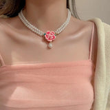 Vintage Pearl Pink Flower Water Droplet Pendant Necklace