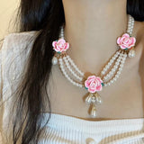 Vintage Pearl Pink Flower Water Droplet Pendant Necklace