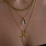 Baroque Pearl Cross Pendant Necklace Cuban Link Chain Vintage Jewelry