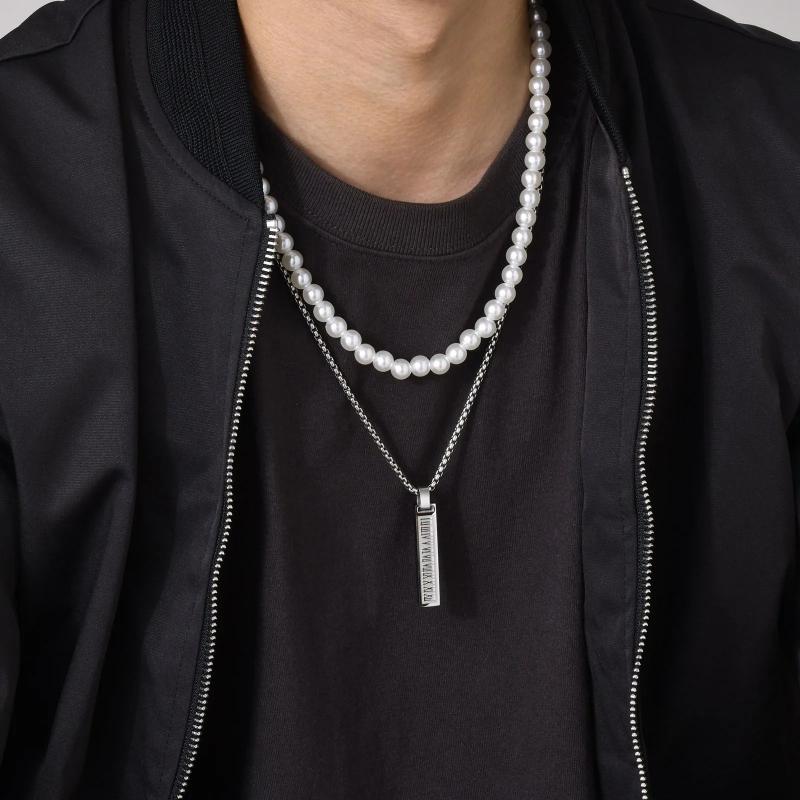Roman Numerals Bar Simulated Pearl Chain Necklaces for Men