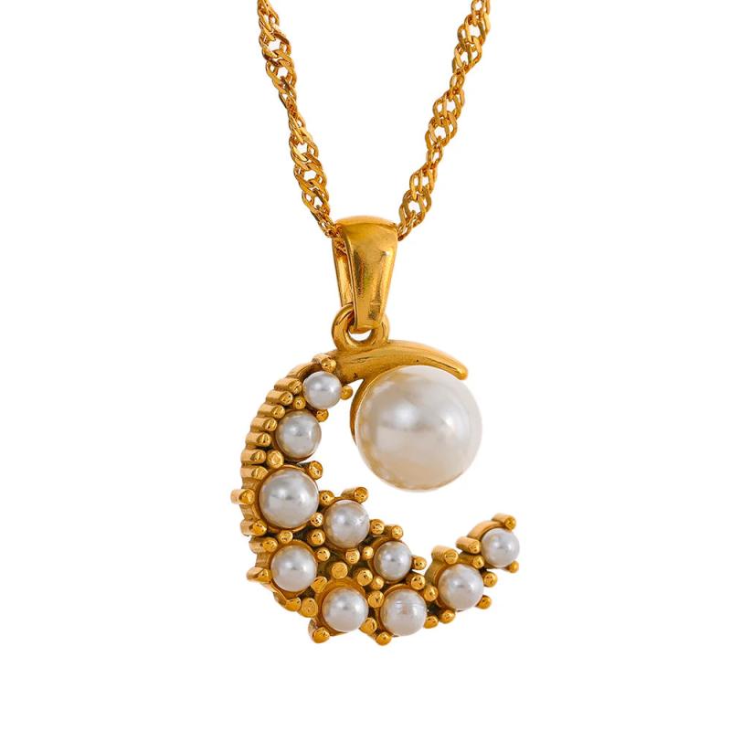 CZ Moon Pendant Stainless Steel Necklace 18K Plated Charm Jewelry