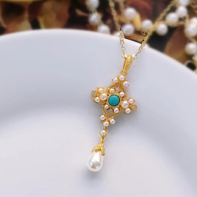 Italian Brati Craft Cross Pearl Pendant Necklaces