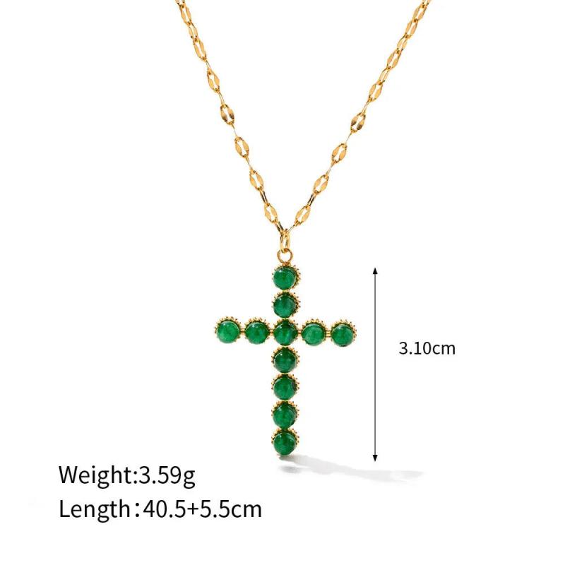 Simulated Pearl Green Stone Cross Pendant Necklace
