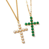 Simulated Pearl Green Stone Cross Pendant Necklace